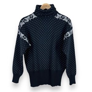 Meister Vintage Wool Blend Metallic Turtleneck Sweater w/Leaves, Black / White M